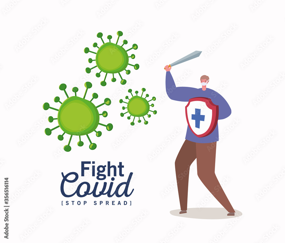 Man with mask sword and shield with cross design of Fight covid 19 virus and stop spread theme Vector illustration Man with mask sword and shield with cross design of Fight covid 19 virus and stop spread theme Vector illustration