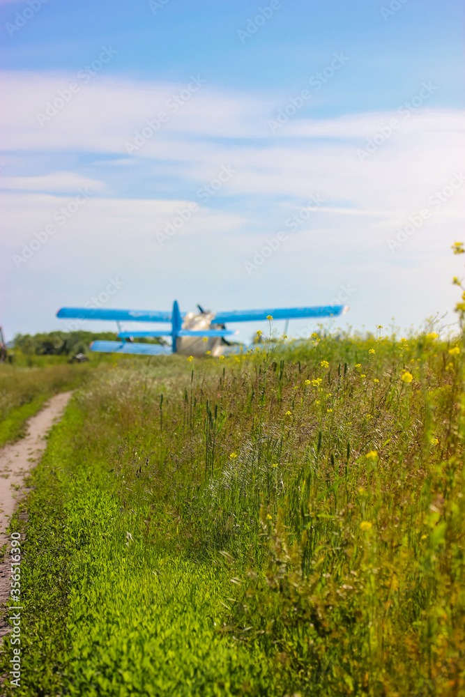Fototapeta premium Aeroplane in summer field: commercial and agricultural helicopter service