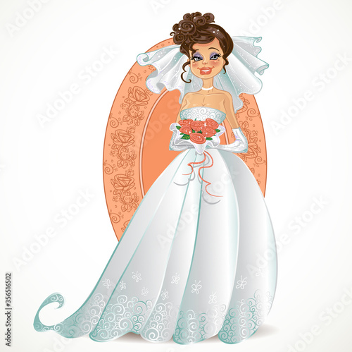 Beautiful bride with pink bouquet on pink background
