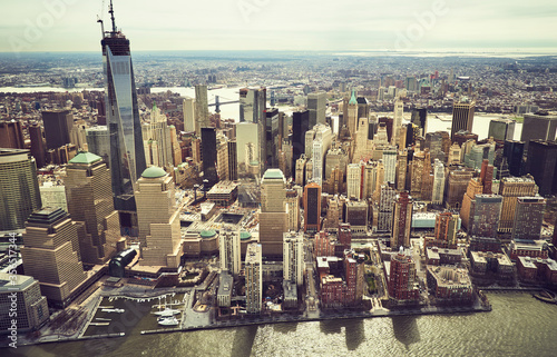 Amazing aerial view of Manhattan downtown with contemporary architecture and One World Trade Center in sunny day photo