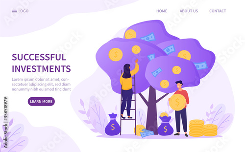 Successful Investment concept with a young couple picking gold coins off a money tree into dollar bags, colored vector illustration