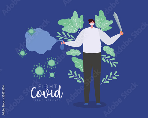 Man with mask sword and spray with smoke design of Fight covid 19 virus and stop spread theme Vector illustration