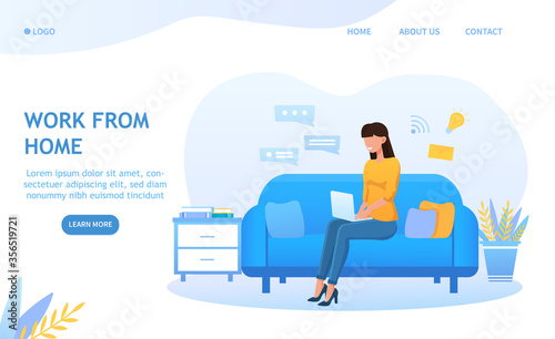 Work From Come or Remote Working concept during the coronavirus pandemic with a woman seated on a sofa using a laptop with copy space for text, colored vector illustration