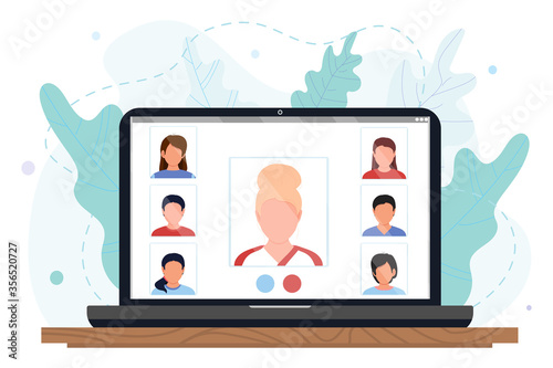 Group of peoples communicating on online video conference on the computer screen. Dialogs or conversations between colleagues or clerks. Flat cartoon colorful vector illustration. Working from home.