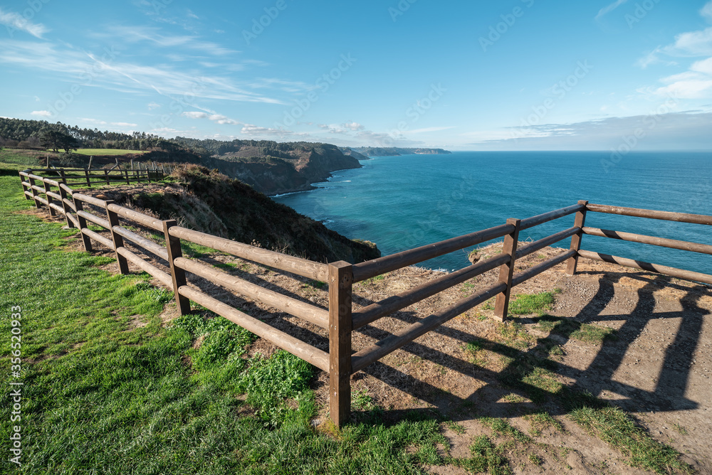 Picturesque landscape of seashore with wooden fence and green field against cloudy blue sky in sunny summer day in countryside Picturesque landscape of seashore with wooden fence and green field against cloudy blue sky in sunny summer day in countryside