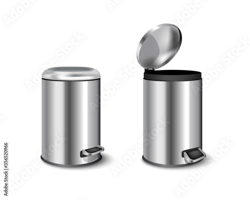 cylindrical office trash can silver color. garbage containers with pedal and swivel top. Metal bucket with a lid.