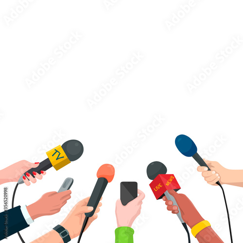 Journalism Concept Vector Illustration in Cartoon Style. Set of Hands Holding Microphones and Voice Recorders. Hot News Template, Isolated on White Background