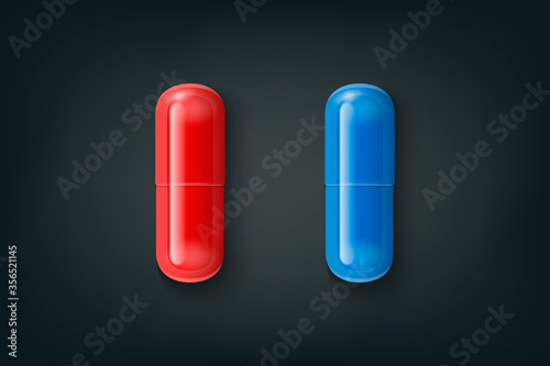 Vector Realistic 3d Red, Blue Medical Pill Closeup Isolated on Black Background. Design Template. Female Health Concept. Concept of Choice. Women s Health Care, Vitamins and Supplements. Top View