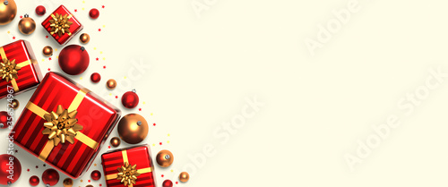 bannière de Noël avec cadeaux et boules de Noël