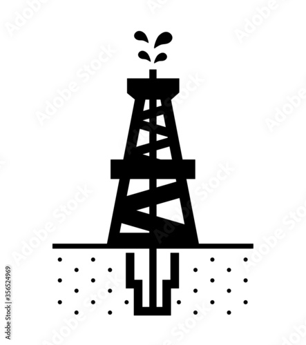Oilfield drilling rig icon showing well completion operation and crude oil spouting from the top. Black and white symbol of the oil and gas industry.