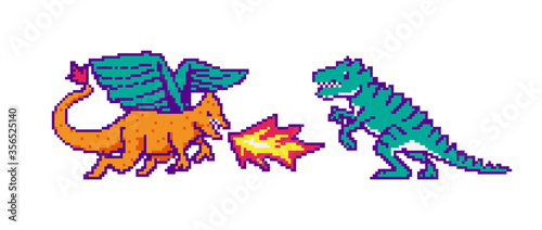 Fire dragon and dinosaur. Fight or Battle in the game concept. Pixel art 8 bit objects. Retro digital game assets. Fashion icon. Vintage Computer video. 