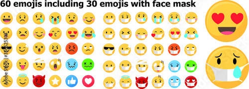 Set of 60 emojis including emojis with face mask, Covid 19 emojis with protective mask 