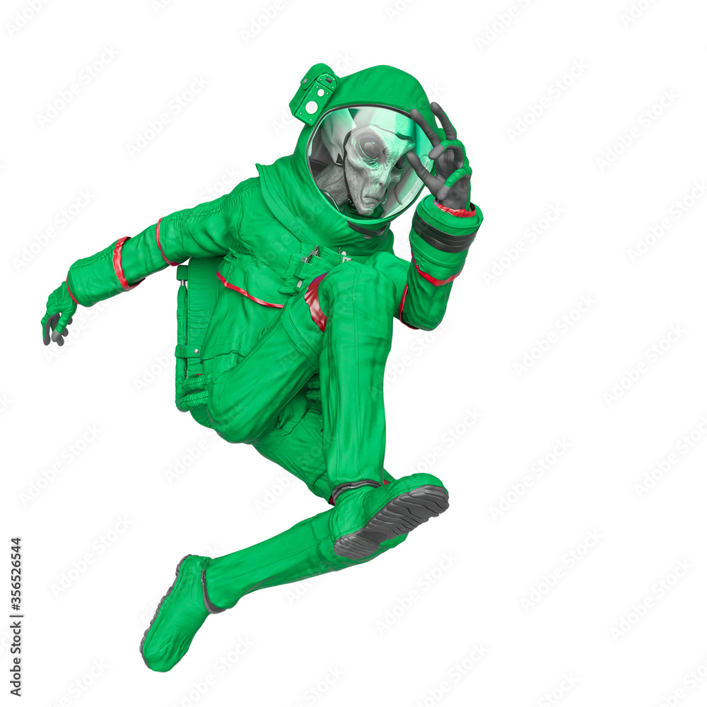 alien astronaut is doing a jump in action