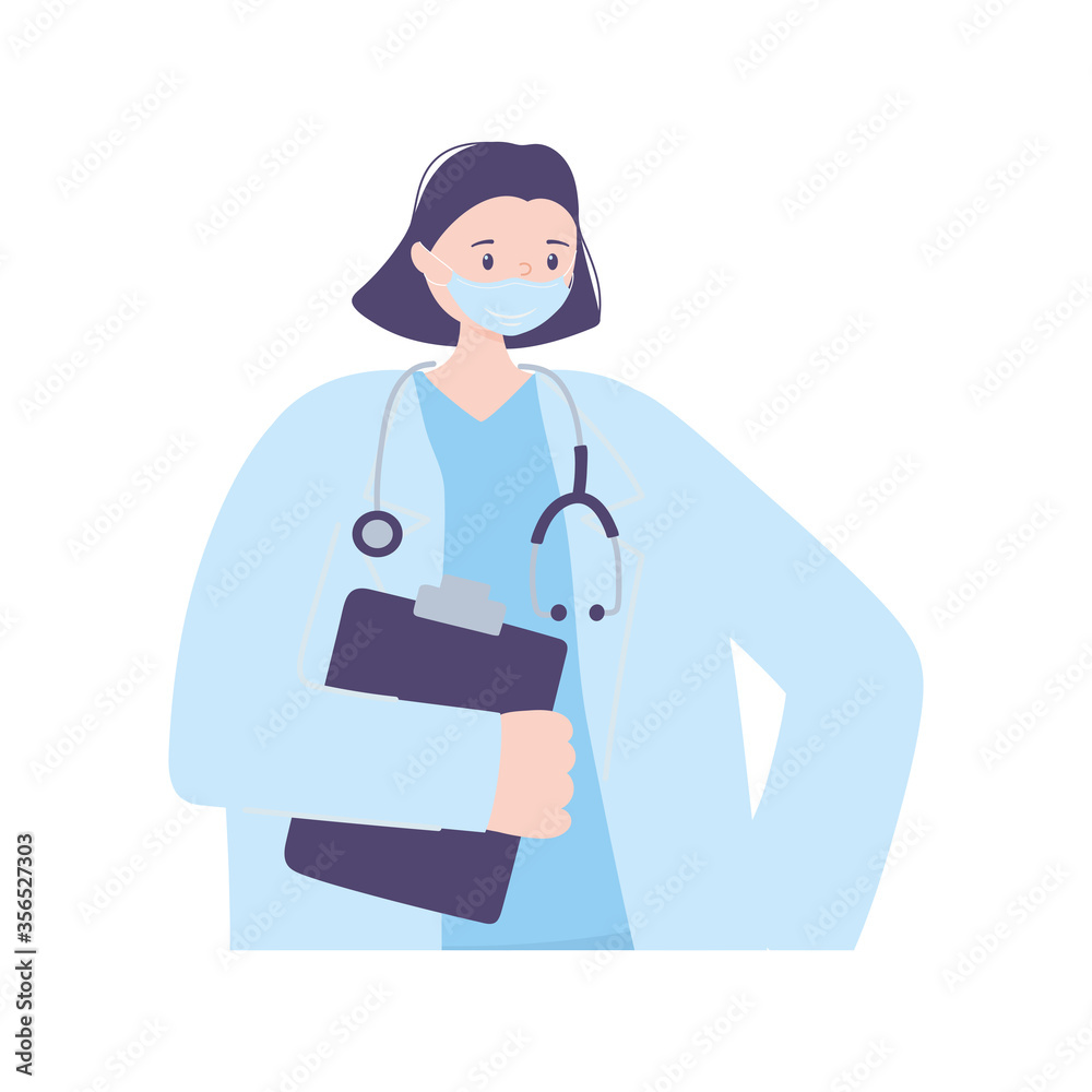 female doctor character with protetive mask stethoscope and medical report, coronavirus covid 19