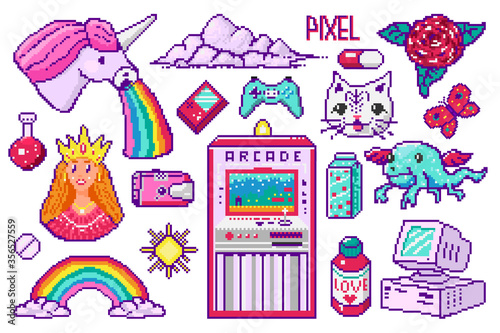 Pixel art 8 bit objects. Retro digital game assets. Set of Pink fashion icons. Vintage girly stickers. Arcades Computer video. Characters dinosaur pony rainbow unicorn dragon.
