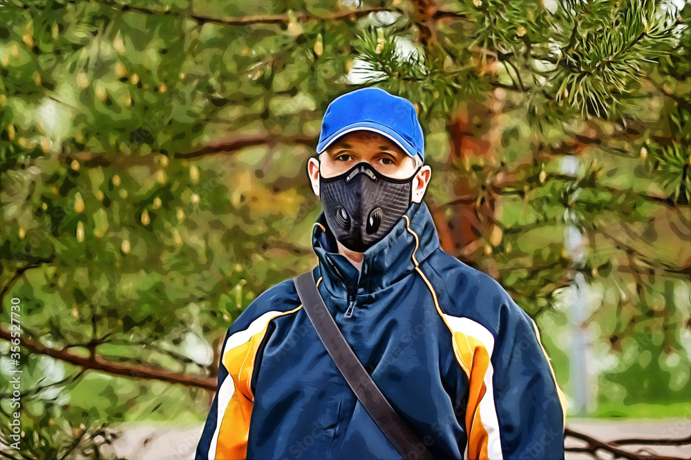 A man wearing respirator mask and a cap outdoors. A man wearing respirator mask and a cap outdoors.