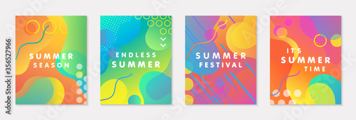 Bundle of modern vector summer posters with bright gradient background,shapes and geometric elements.Trendy abstract design perfect for prints,social media,banners,invitations,branding design,covers