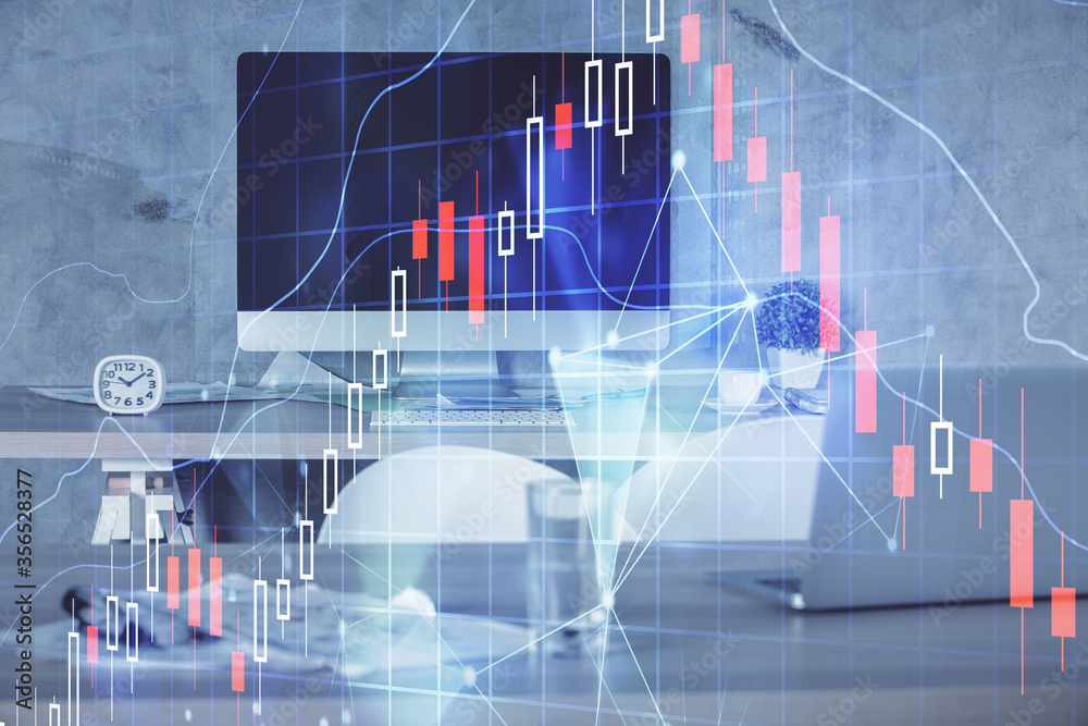 Multi exposure of financial graph drawing and office interior background. Concept of market analysis. Multi exposure of financial graph drawing and office interior background. Concept of market analysis.