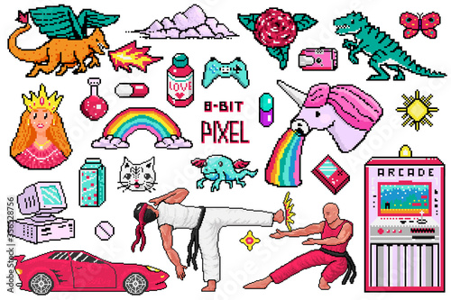 Pixel art 8 bit objects. Retro digital game assets. Set of Pink fashion icons. Vintage girly stickers. Arcades Computer video. Characters dinosaur pony rainbow unicorn dragon. Japanese Karate and car.