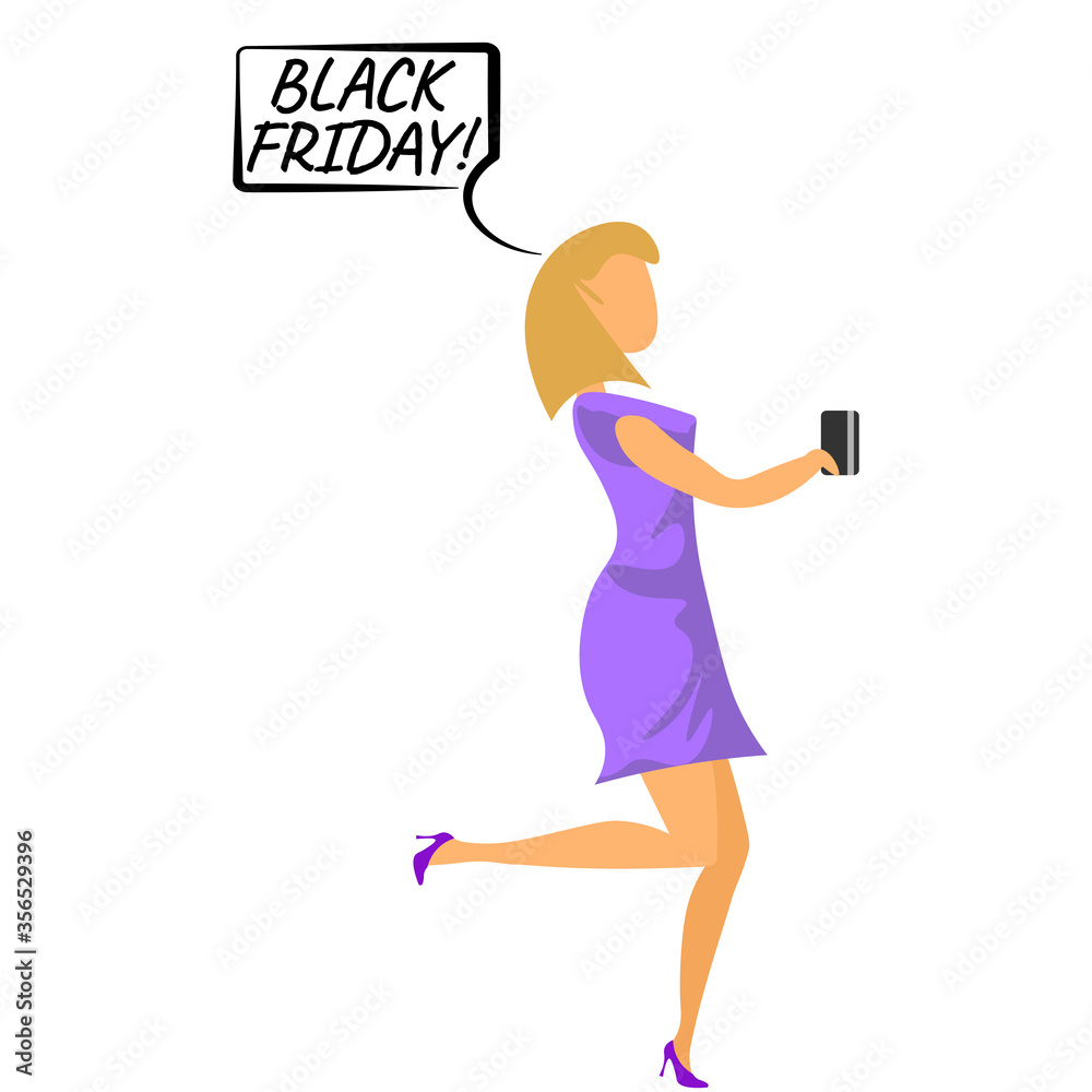 Woman shopping Black Friday sale buyer with bags and credit card isolated vector illustration Woman shopping Black Friday sale buyer with bags and credit card isolated vector illustration