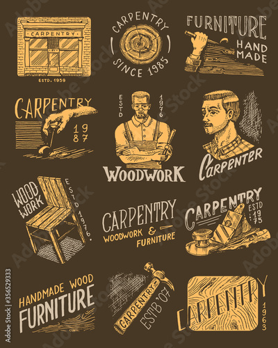 Wooden labels set for Workshop or signboards. Woodworker carpenter man, joiner and furniture. Hammer and chair. Vintage logo, Badges for typography or t-shirts. Hand Drawn engrave sketch.