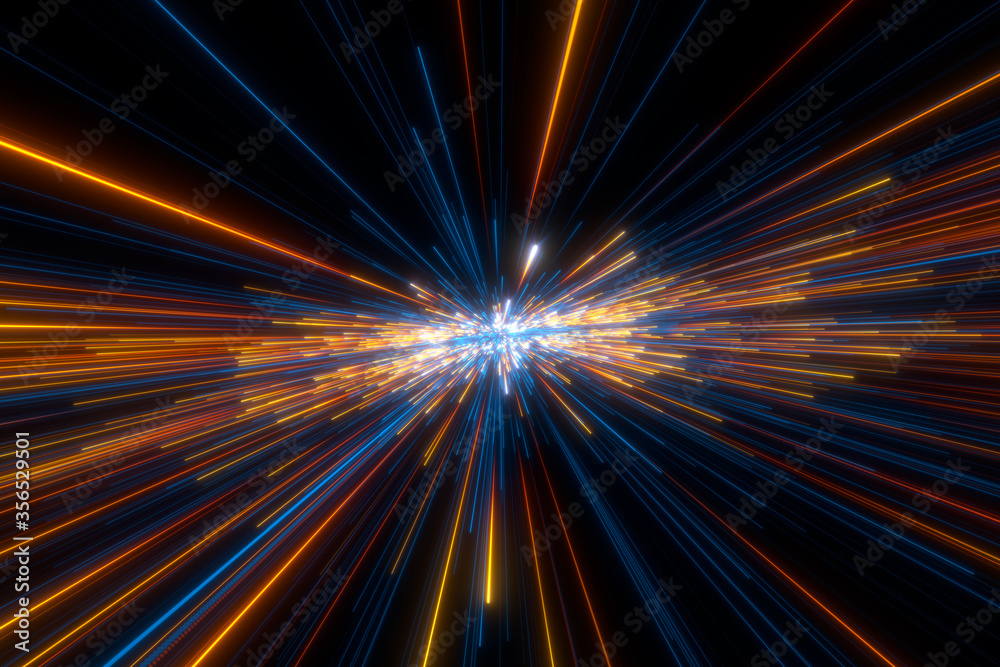 Obraz premium Speed of light in space on dark background. Abstract background in blue, yellow and orange neon colors. 3D rendering.