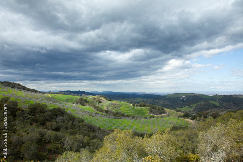 Dramatic sky with blue, gray clouds over green valley and hill sides covered with orchard