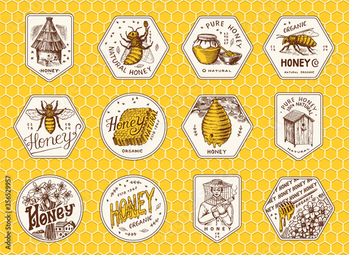 Honey and bees stickers set. Beekeeper man and Honeycombs and hive and apiary. Vintage logo for typography, shop or signboards. Badge for t-shirts. Hand Drawn engrave sketch. Vector illustration.