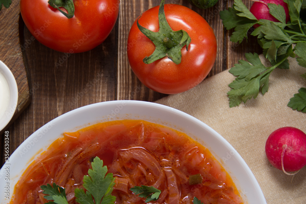 photo for menu, Ukrainian and Russian traditional beetroot soup - borscht with sour cream garlic pepper and sauce, Ukrainian borscht with sour cream, food background, Food and health