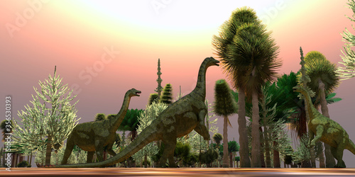 Saltasaurus Dinosaurs Eating - A Saltasaurus dinosaur herd munches on Cycad trees during the Cretaceous Period of Argentina. photo