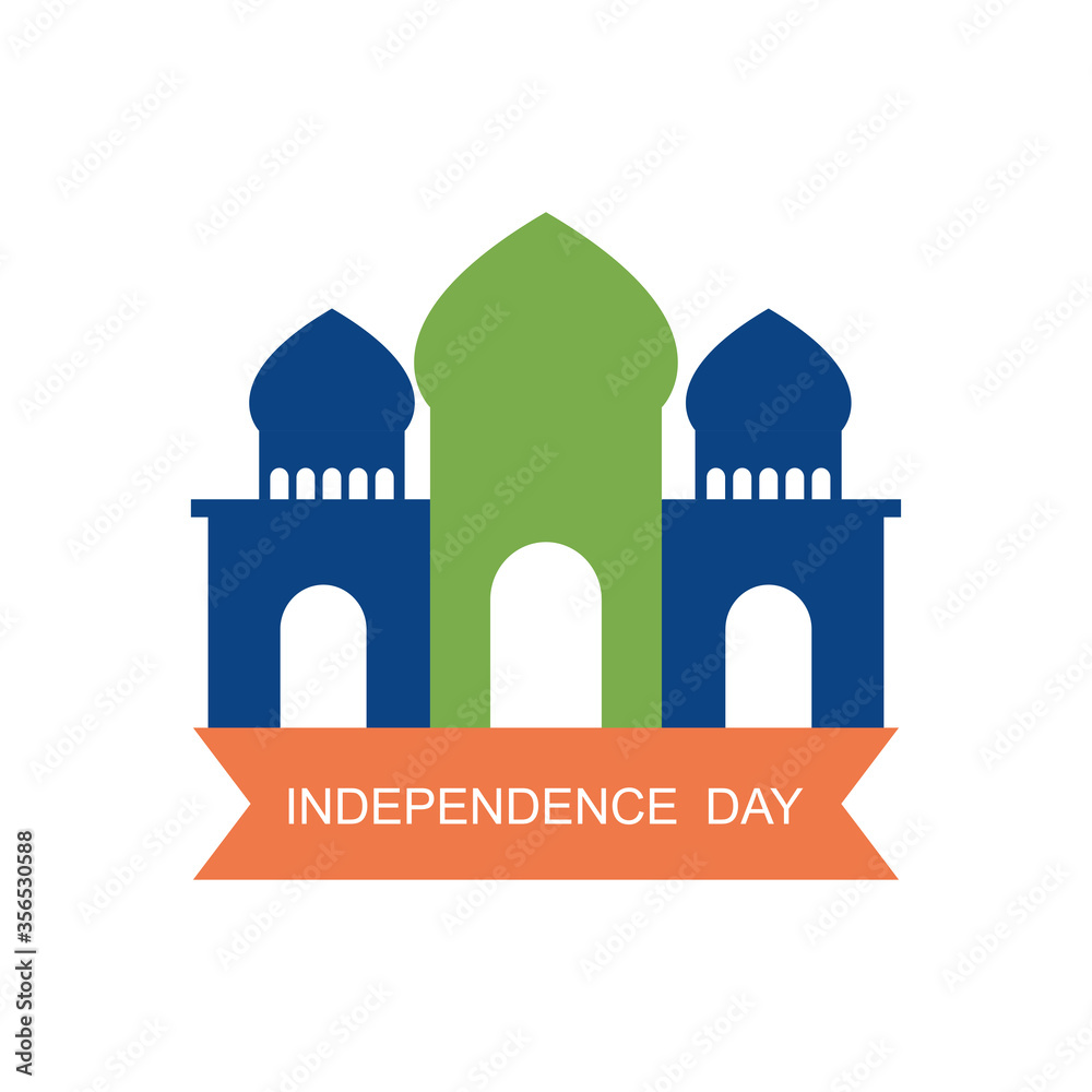 India independence day concept, taj mahal with decorative ribbon, flat style