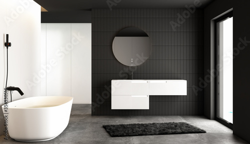 Black minimalist bathroom interior. 3d Rendering