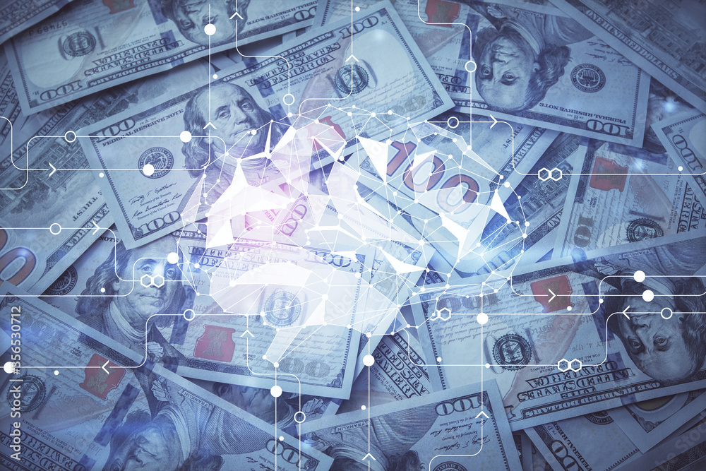 Double exposure of brain drawing over us dollars bill background. Technology concept. Double exposure of brain drawing over us dollars bill background. Technology concept.