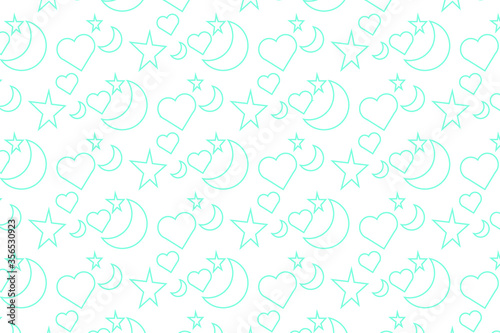 seamless pattern with rising moon, stars and hearts on a light blue background. Vector graphics. Abstract backdrop