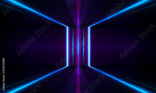 Ultraviolet futuristic abstract light. light laser line. Violet and pink gradient. Modern background, neon light. Empty stage, spotlights, neon. Reflection on the water, symmetry.