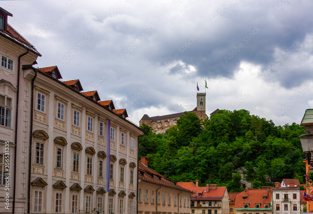 Cloudy view of the old European city of Ljubljana