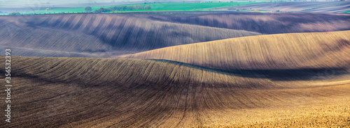 Wavy abstract colored agricultural landscape in panorama view in Moravian Tuscany in Czech republic.