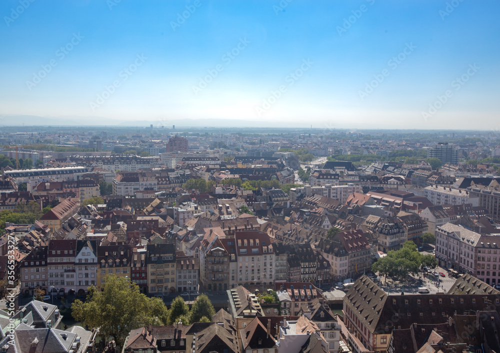 View of the city of Strasbourg from above as seen from top of Notre Dame cathedral