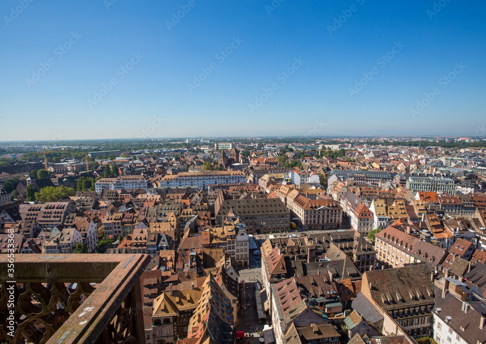View of the city of Strasbourg from above as seen from top of Notre Dame cathedral