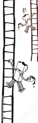 robot scrambling up the stairs with a cup of coffee black and white