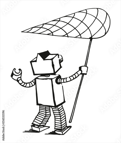 Funny robot with butterfly net, black and white
