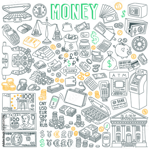 Money vector drawings collection isolated on white background. Different coins, paper banknotes, currency signs and traditional symbols of banking and finance. 
