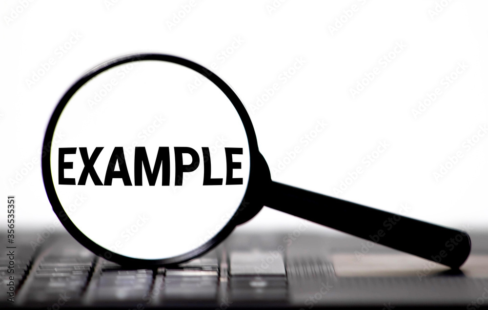 A concept image of a magnifying glass isolated white background with a word EXAMPLE zoom inside the glass A concept image of a magnifying glass isolated white background with a word EXAMPLE zoom inside the glass