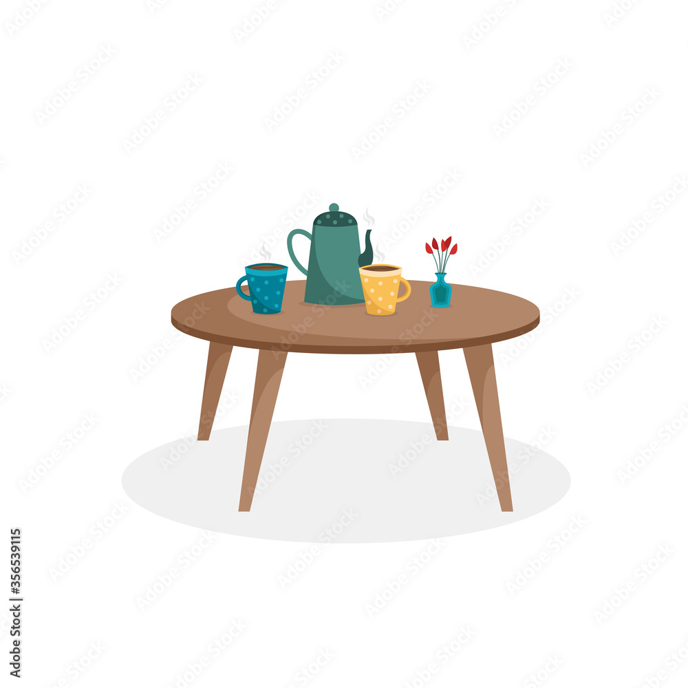 Fototapeta premium Table and tea set, flowers in vase. green teapot with colorful cups on the table. Cozy tea time. Flat cartoon style. Vector illustration 