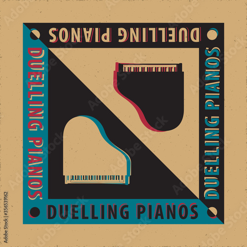 Duelling Pianos Avant Garde Poster Creative Concept with Two Grand Pianos Yin Yang Style Composition and Logo Lettering - Black and White on Reverse Background - Graphic Silhouette Design
