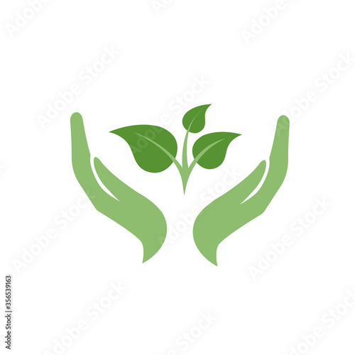 hands holding growing young green sprout of plant in flat cartoon style. vector illustration