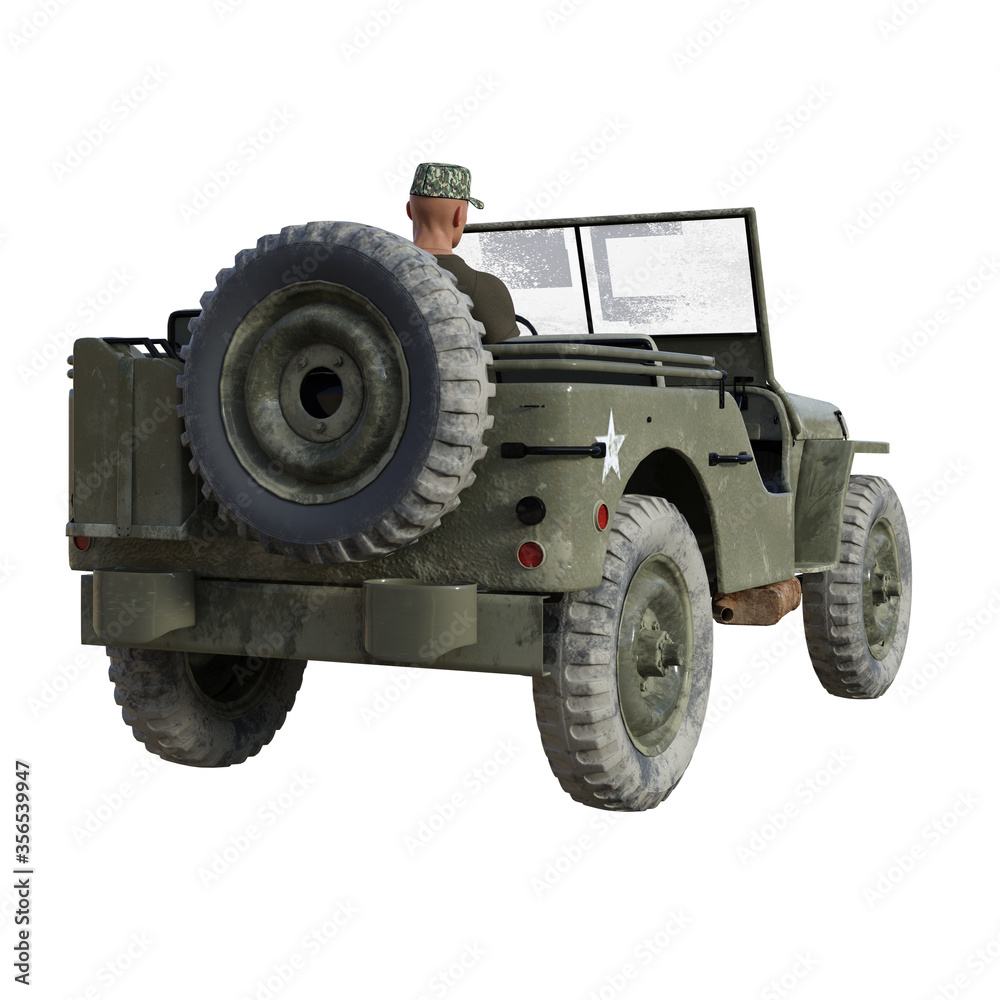 Fototapeta premium 3D rendered Soldier Driving Military Vehicle On White Background - 3D Illustration