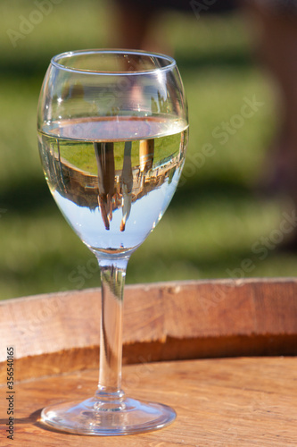 looking at a glass of white wine with people being reflected in the liquid