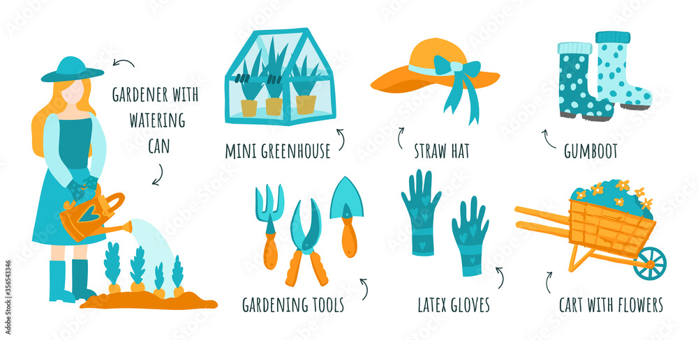 Vector infographics for children on how to grow vegetable growing tips for beginners. Girl with a watering can, gardening tools, plants, greenhouse. Sticker set gardener with signatures.