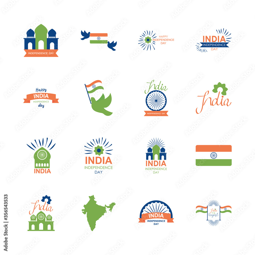 india map and india independence day icon set, flat style
